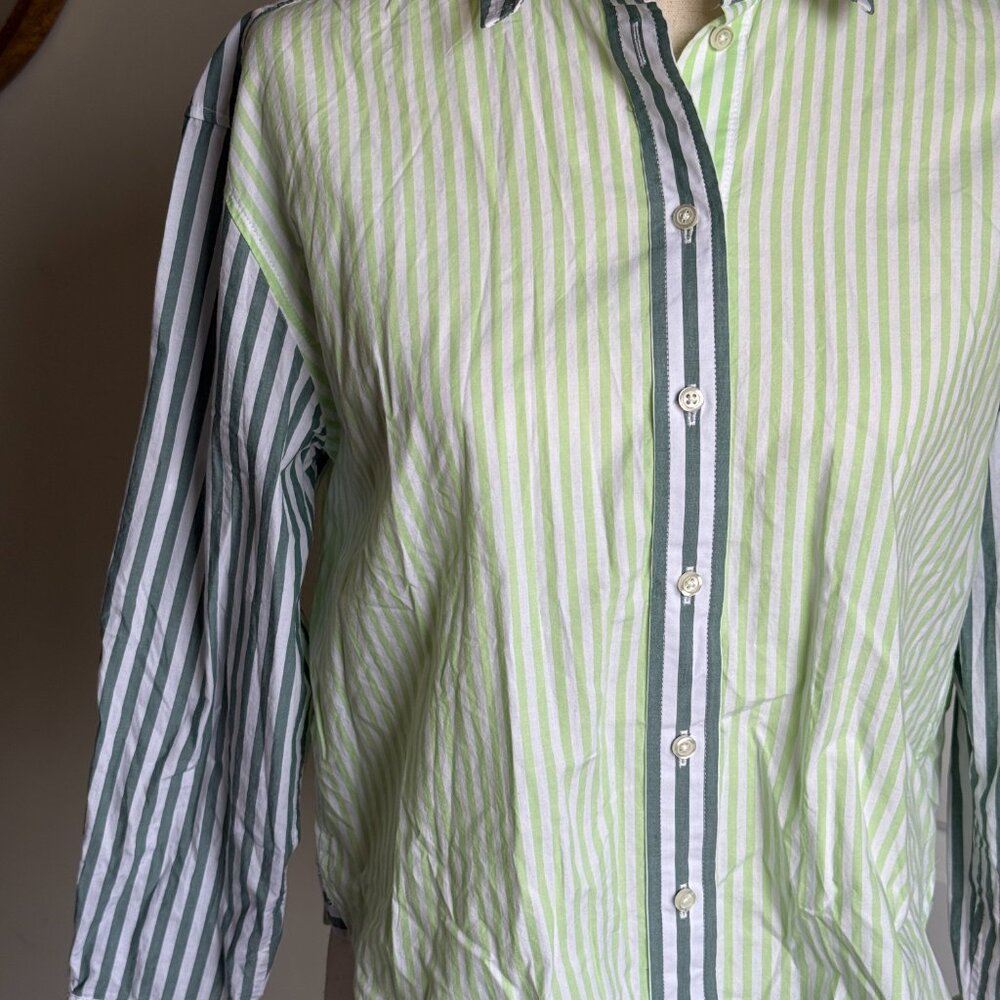 Talbots Poplin Short Shirt - Blooming Stripe Green Size Small Petite 100% cotton - Picture 3 of 8